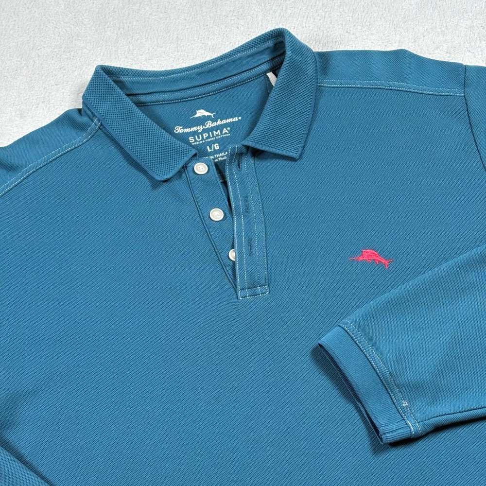 Tommy Bahama Mens Large Blue Supima Pima Cotton Long Sleeve Polo Shirt